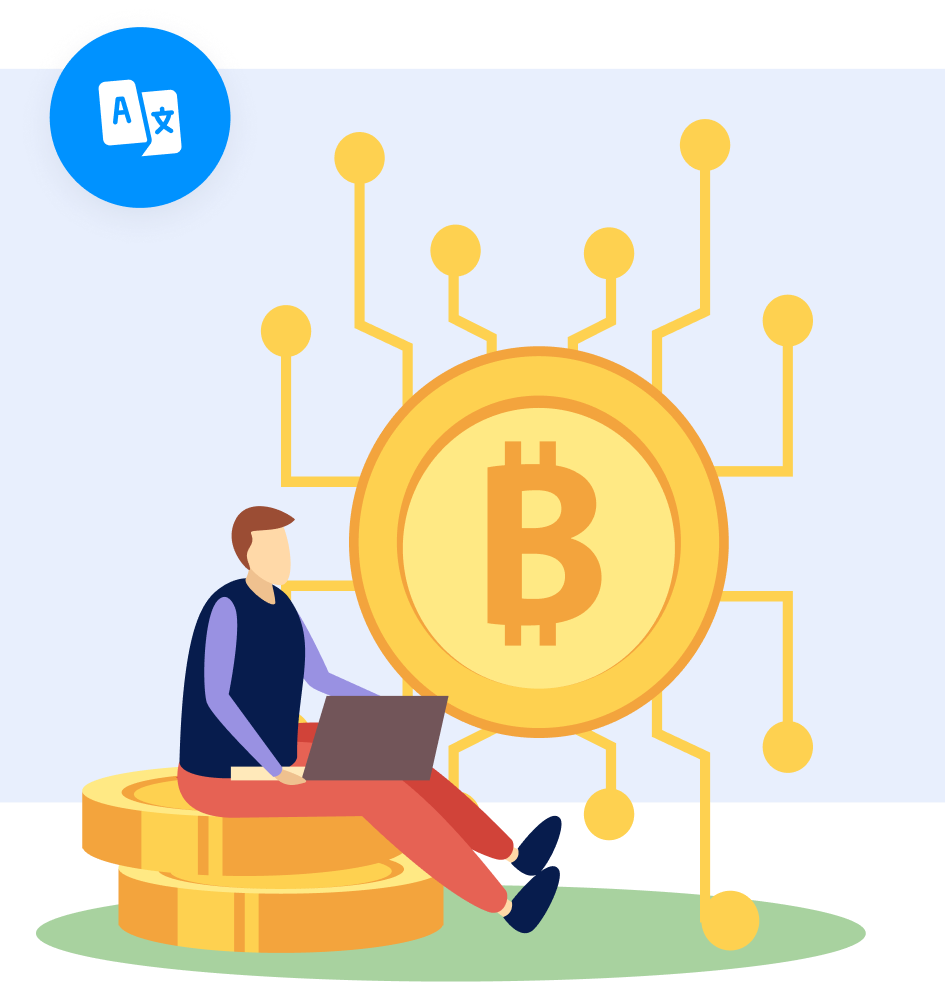Person working on crypto content translation with Bitcoin network visualization to localize blockchain projects for global markets