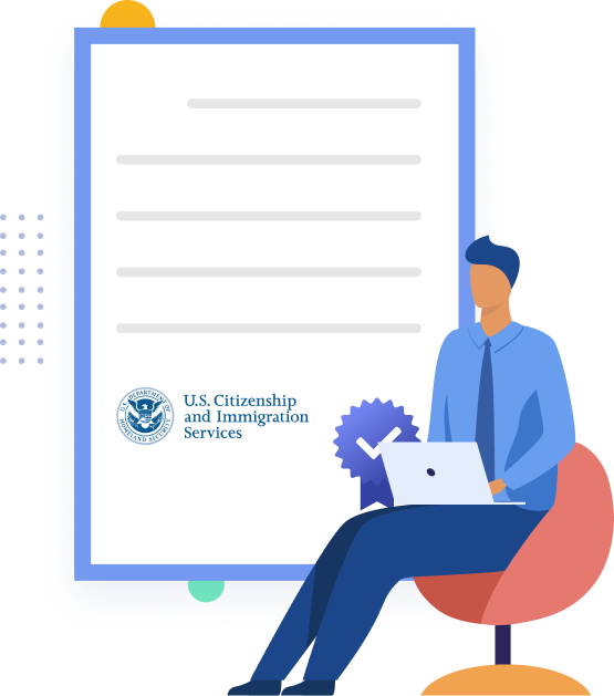 Rapid Translate graphic of a man sitting in front of a USCIS certified Driver's License Translation document.