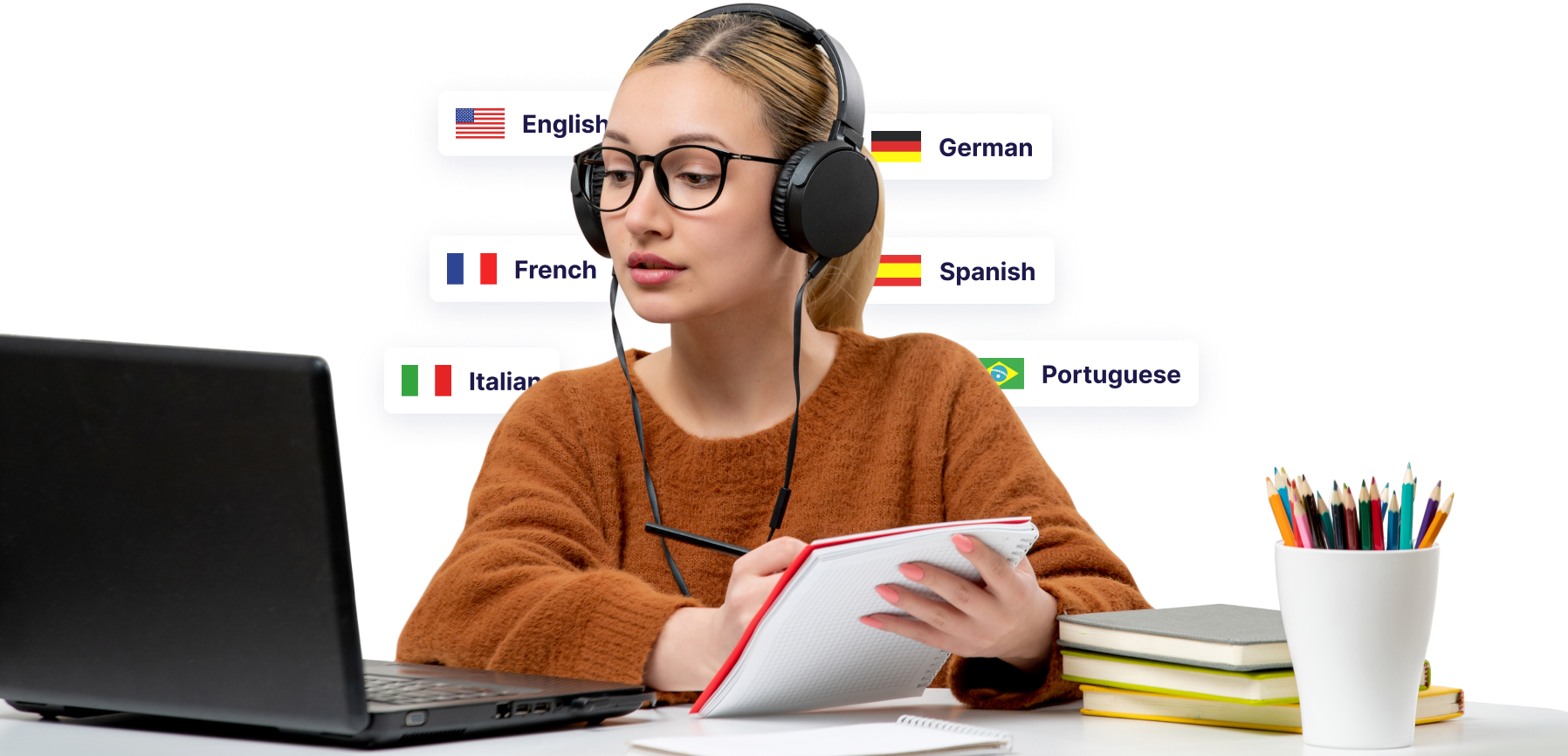 Rapid Translate's graphic of a translator with headphones taking notes while working on a laptop, surrounded by language labels like English, French, German, and more.