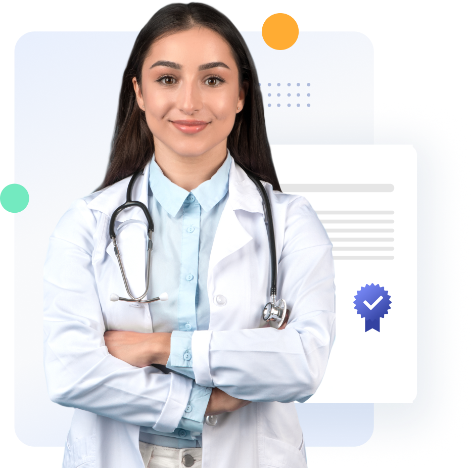 Rapid Translate graphic of a woman approving a certified translation next to scales, a book, and a gavel.