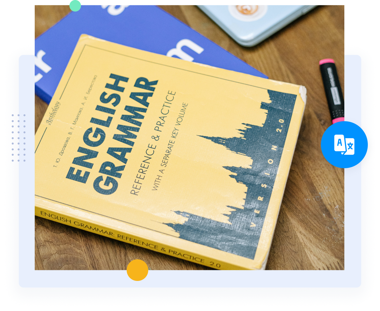 An English grammar book sitting on a desk representing professional Portuguese translation services.