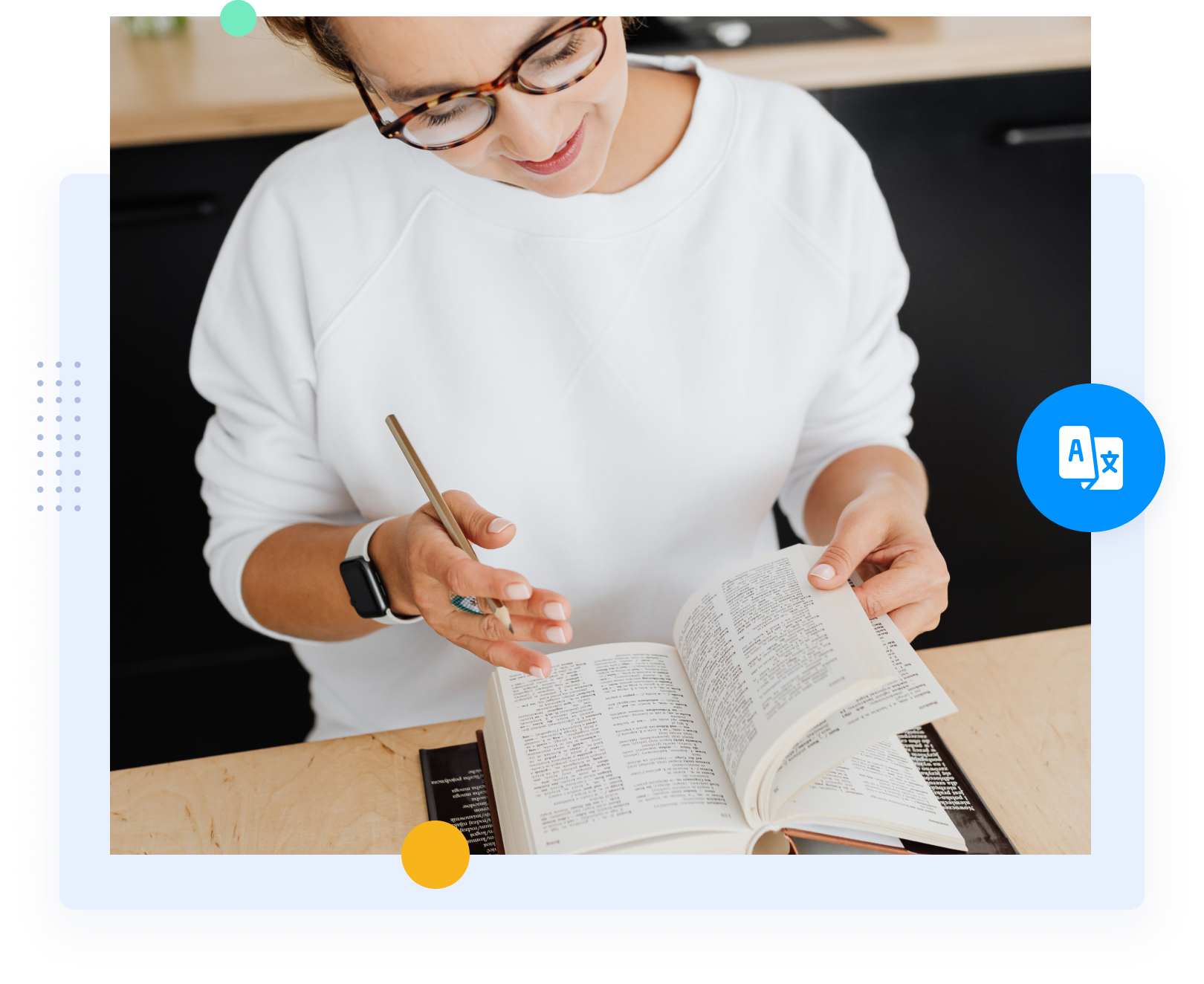 A woman looking at a dictionary representing professional Russian translators and translation services. 