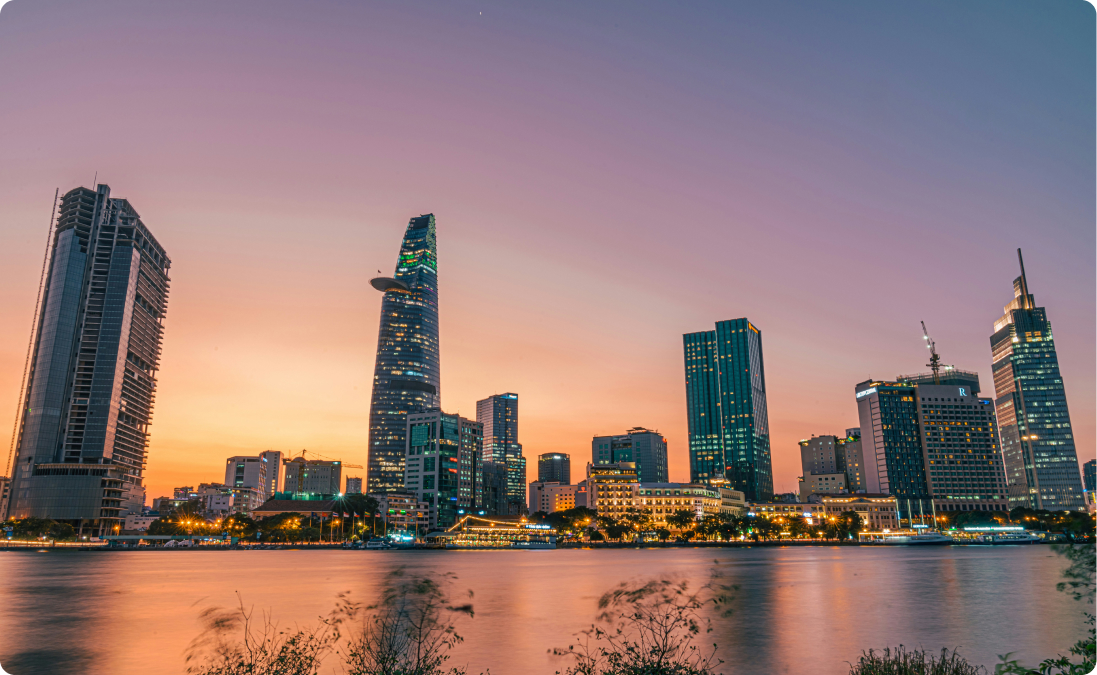 The skyscraper skyline in Ho Chi Minh City, Vietnam representing translating Vietnamese language and phrases.